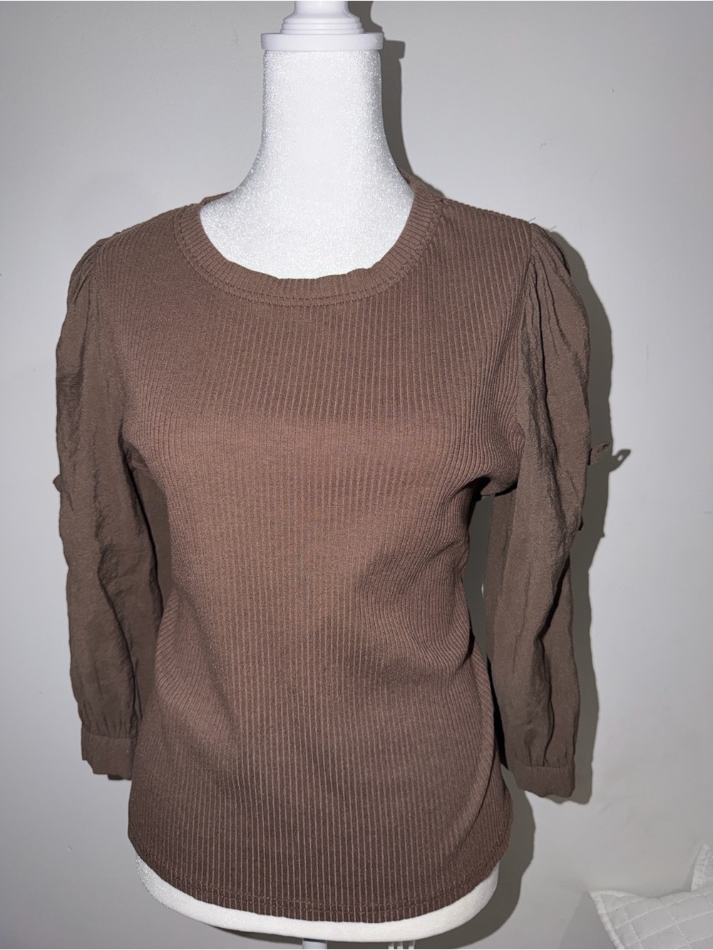 Women's Brown Ribbed Puff-Sleeve Top